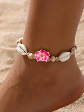 Anthropologie Pink Flower and Shell Anklet